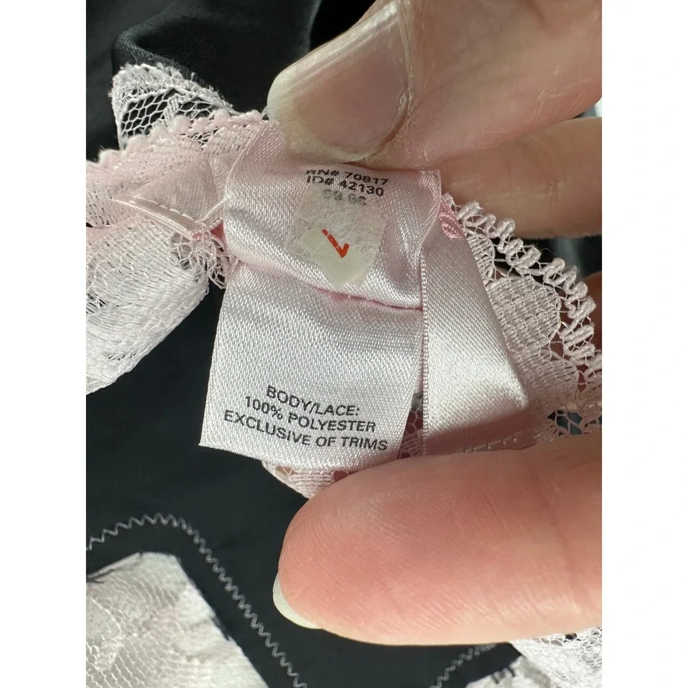 Victoria's Secret Angels Black Satin Pink Lace Trim Slip Chemise Nightie Small